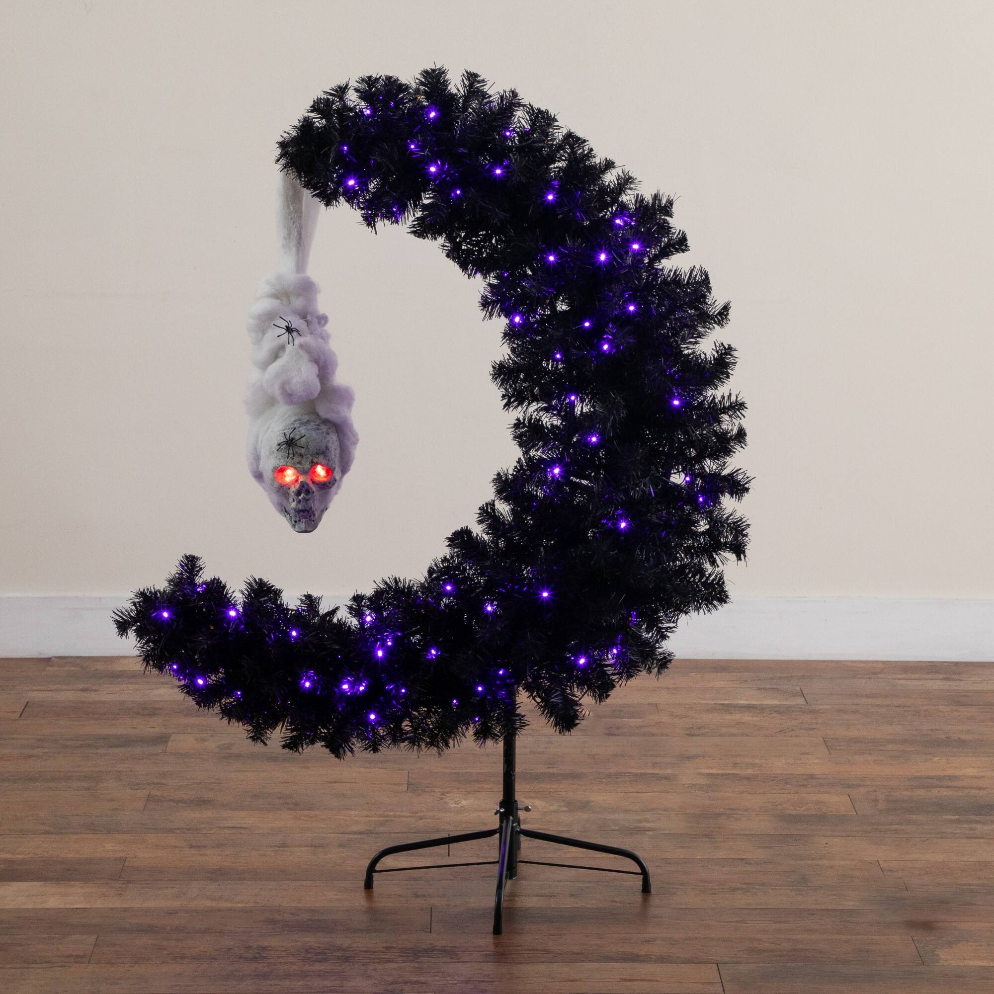 4ft. Pre-Lit Artificial Halloween Black Moon & Skull Tree with 250 Orange & Purple LED Lights